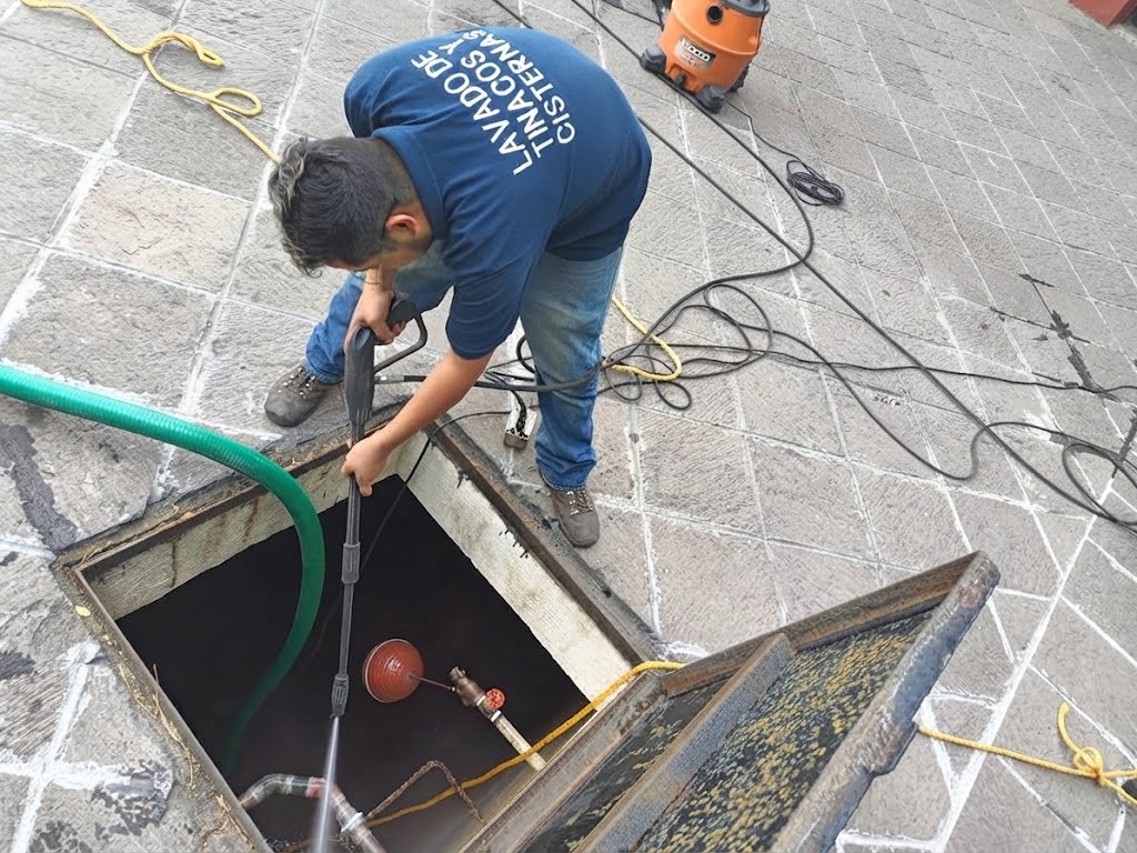 Lavado a presión de acceso y flotador en cisterna subterránea